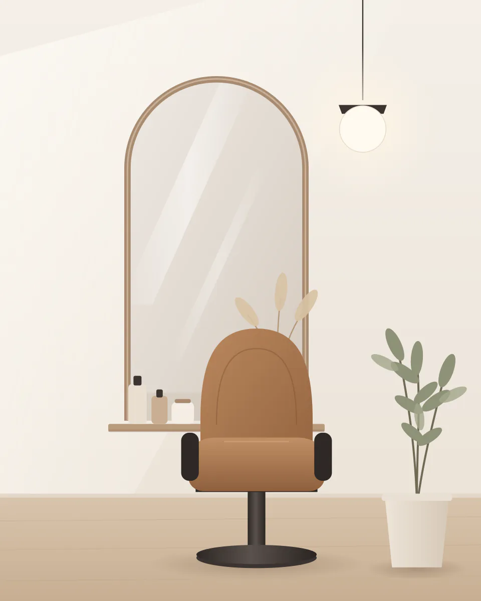 Ilustracja wnętrza salonu: łukowe lustro, fotel fryzjerski w kolorze koniaku, półka z kosmetykami, lampa wisząca i roślina w donicy.