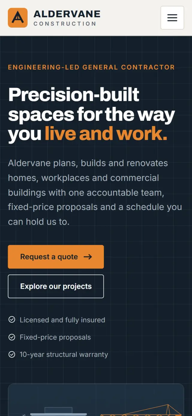 Strona główna Aldervane Construction na ekranie telefonu