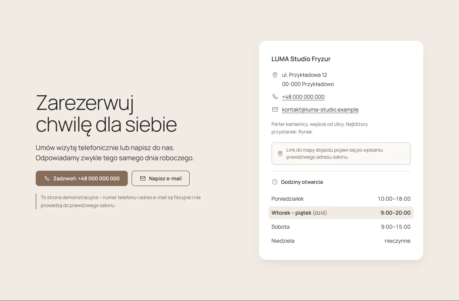 Sekcja kontaktu LUMA z danymi salonu i godzinami otwarcia