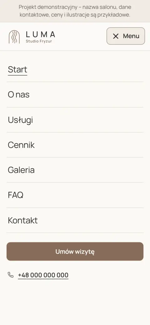 Otwarte menu mobilne LUMA na ekranie telefonu