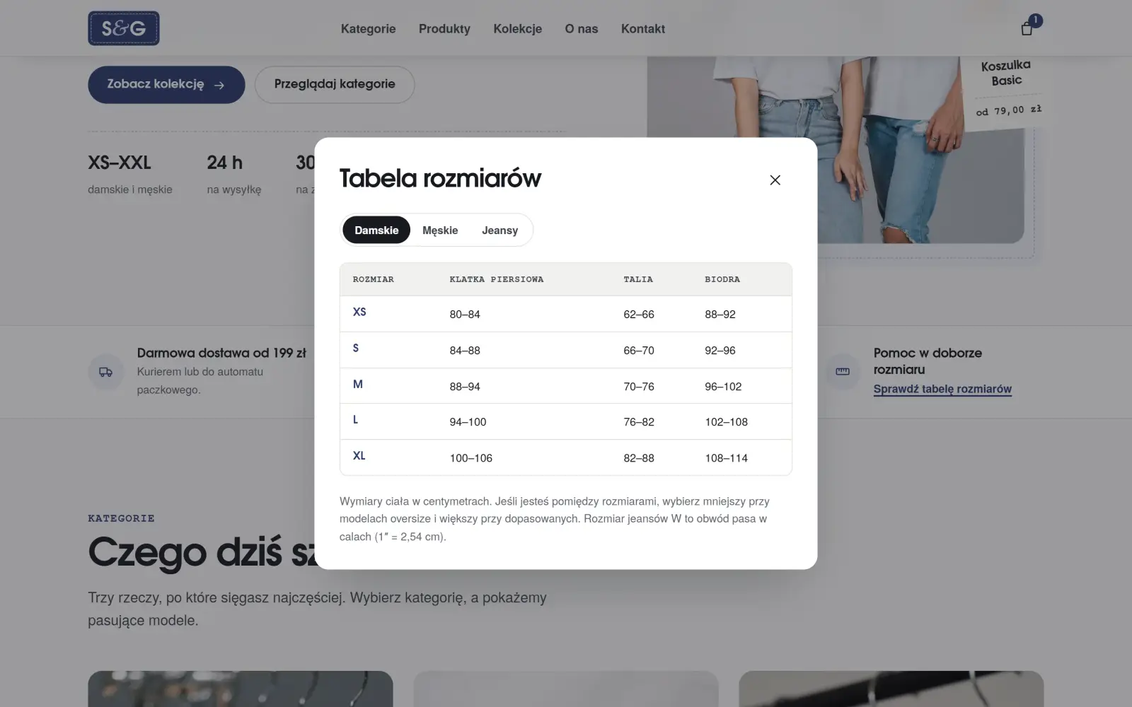 Okno dialogowe S&G z tabelą rozmiarów